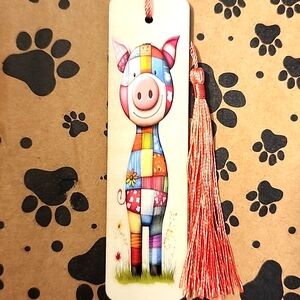 Colorful Patchwork Pig Bookmark with Tassel